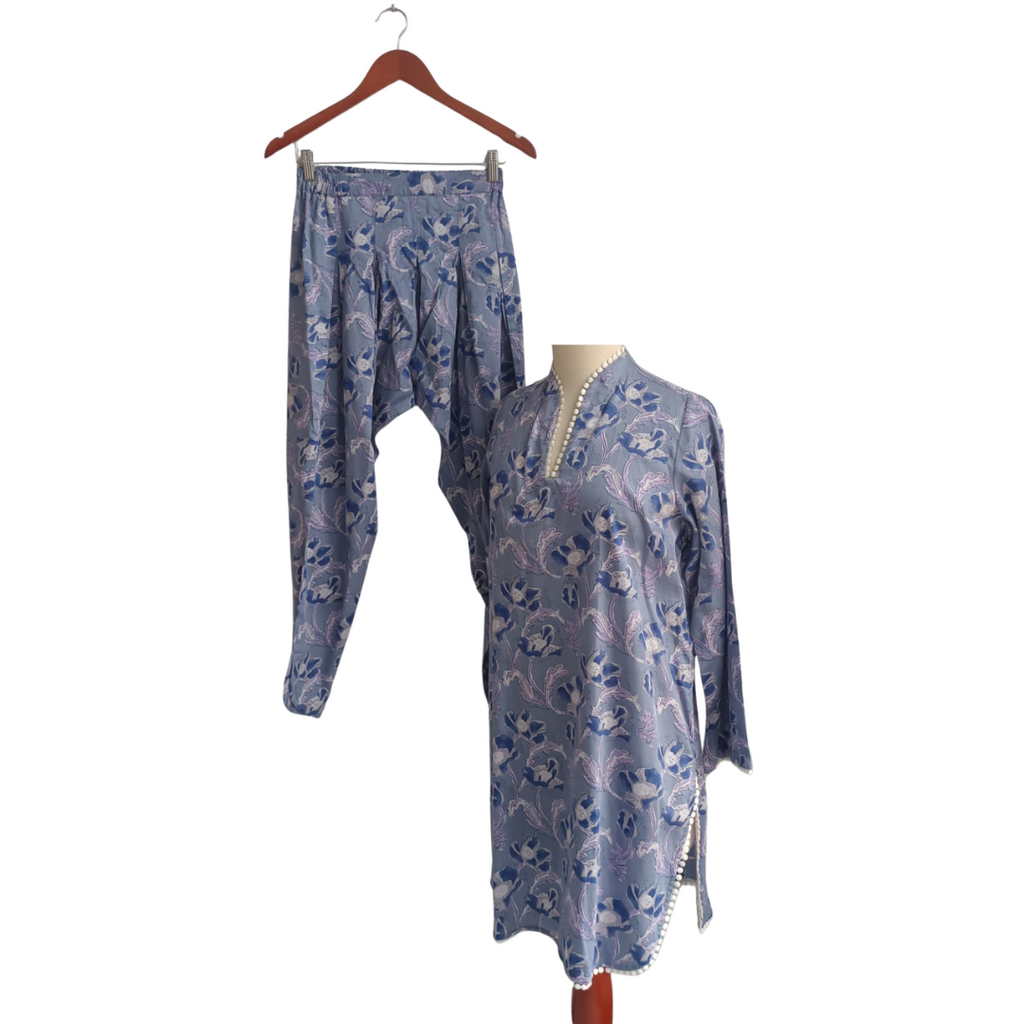 Riffat Aliani Blue Floral Printed & Lace Detail Co-ord Set | Like New |