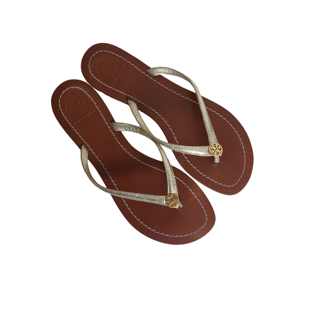 Tory Burch Gold Metallic Terra Vegan Leather Thong Flip Flops | Pre Loved |