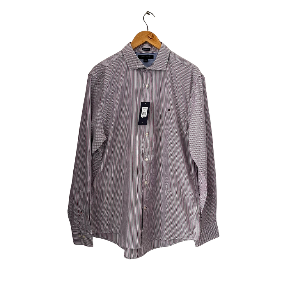 Tommy Hilfiger Men's Grey & Maroon Striped 100% Cotton Collared Shirt | Brand New |