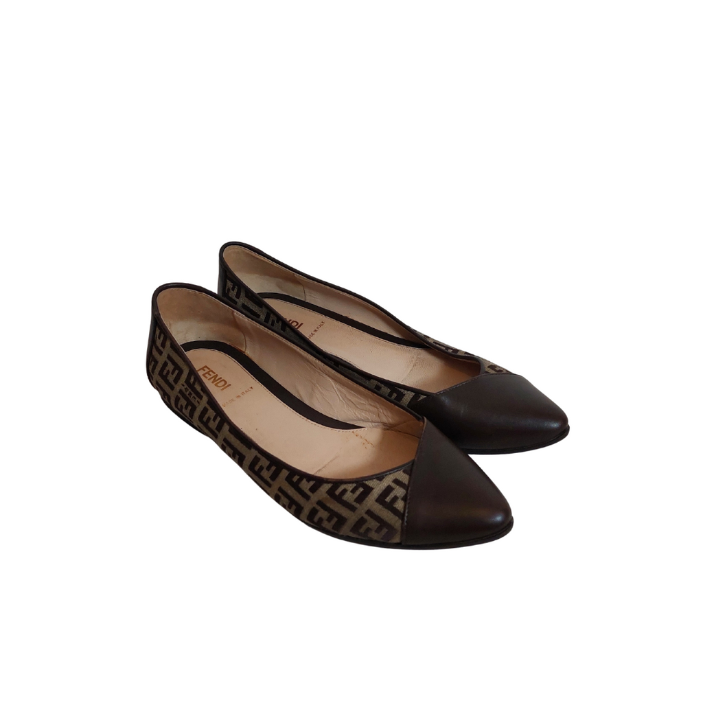Fendi Brown Zucchino Leather And Canvas Ballet Flats | Pre Loved |