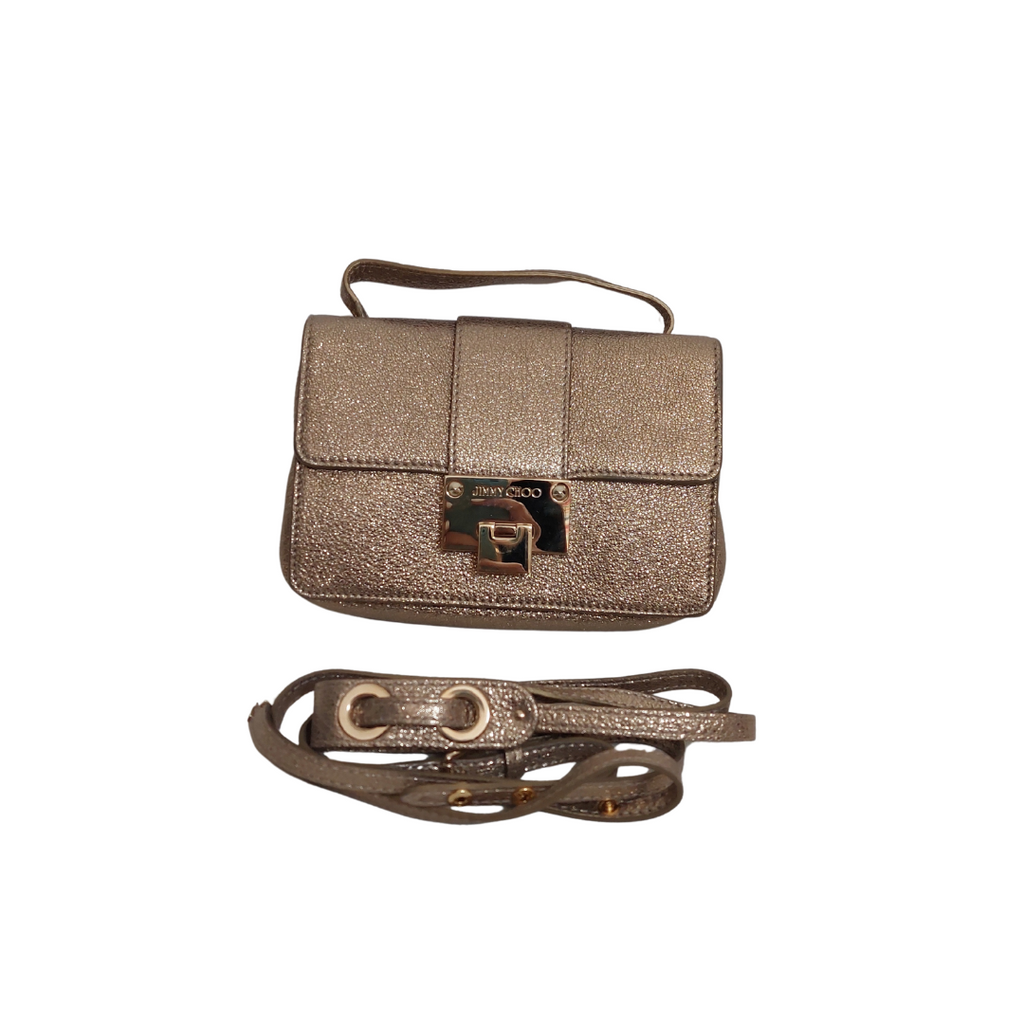Jimmy Choo Rebel Mini Glitter Gold Leather Crossbody Bag | Pre Loved |