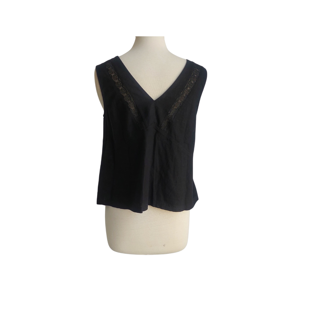 Marks & Spencer Black Sleeveless Linen Mix Lace Blouse | Brand New |