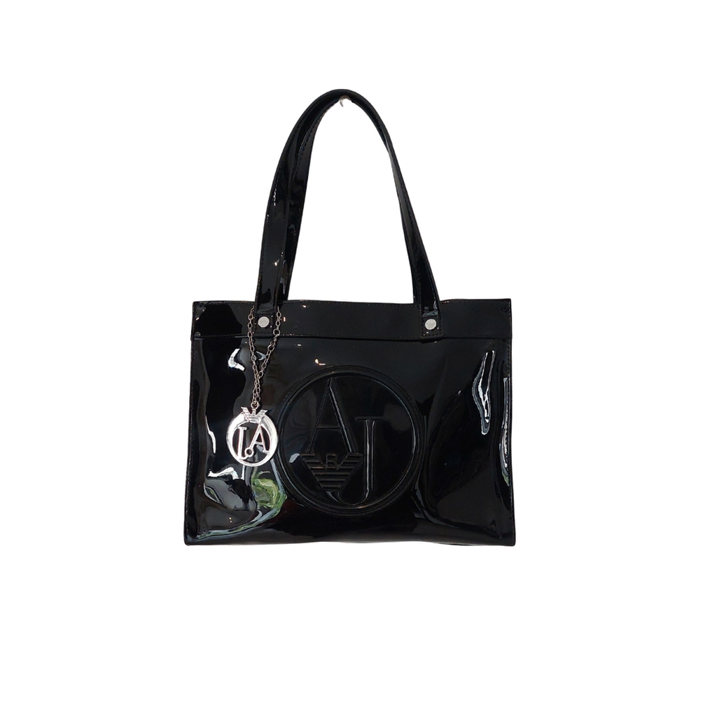 Armani Jeans Black Patent Leatherette Handbag | Pre Loved |