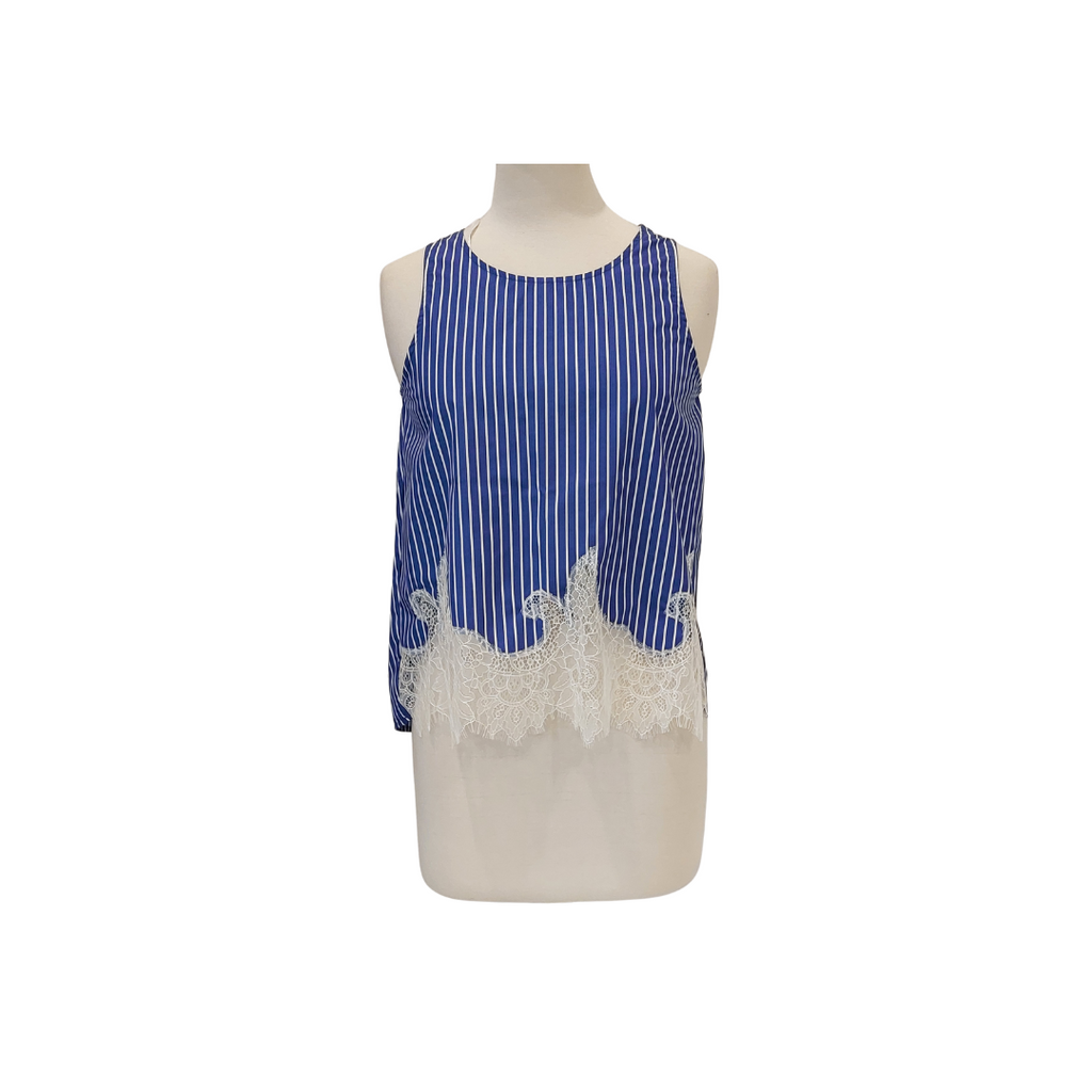 ZARA Blue & White Striped Sleeveless Lace Detail Top | Like New |