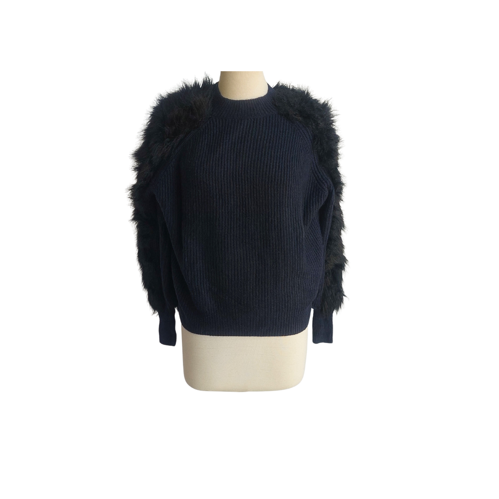 H&M Navy Faux Fur Sleeves Sweater | Gently Used |