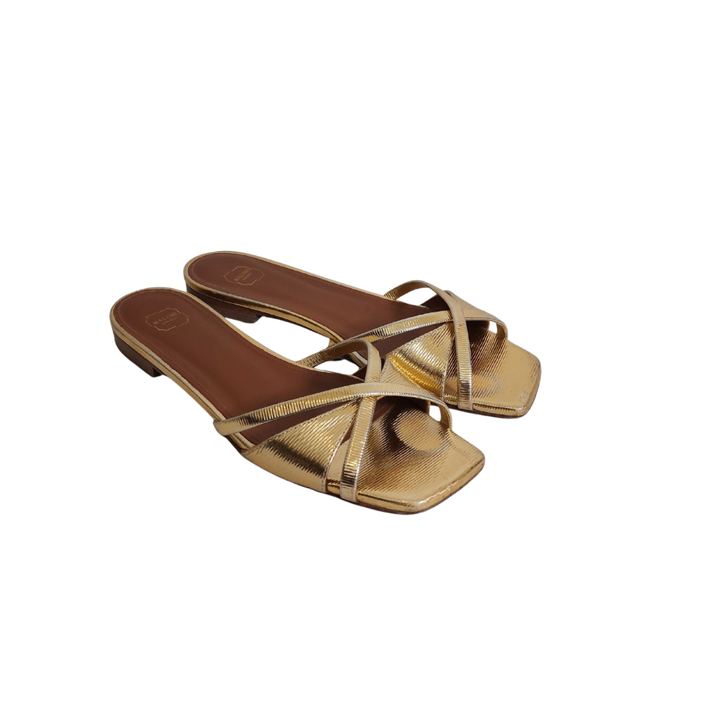 Malone Souliers Gold Textured Leather Penn Flat Slides | Pre Loved |