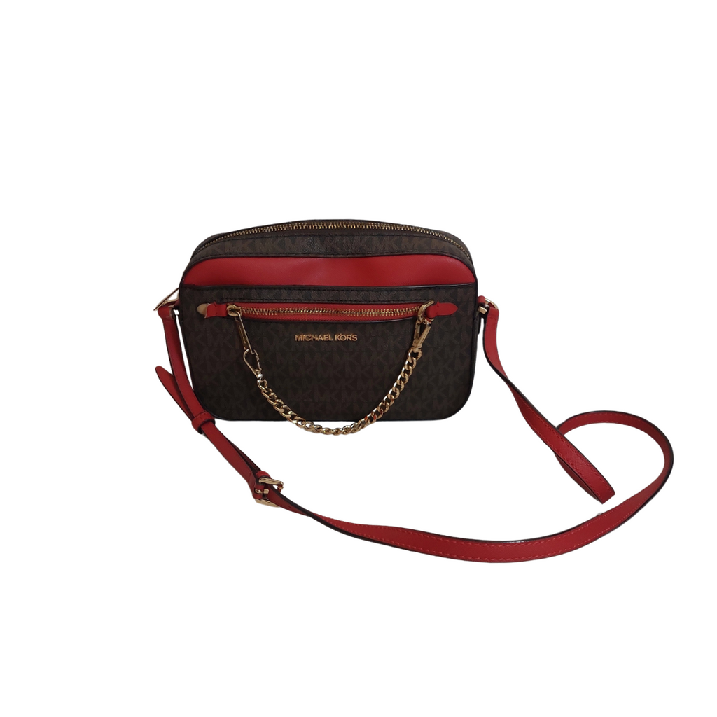 Michael Kors Brown & Red Jet Set Large Logo Crossbody Bag | Pre Loved |
