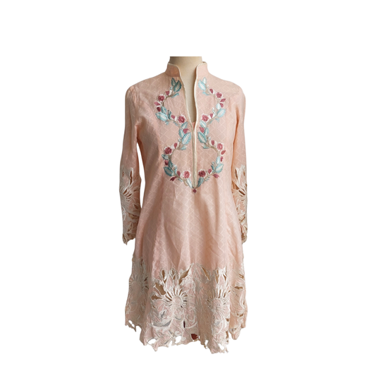 Sanam Chaudhri Pink & White Cutwork Lace Embroidered Kurta | Pre Loved |