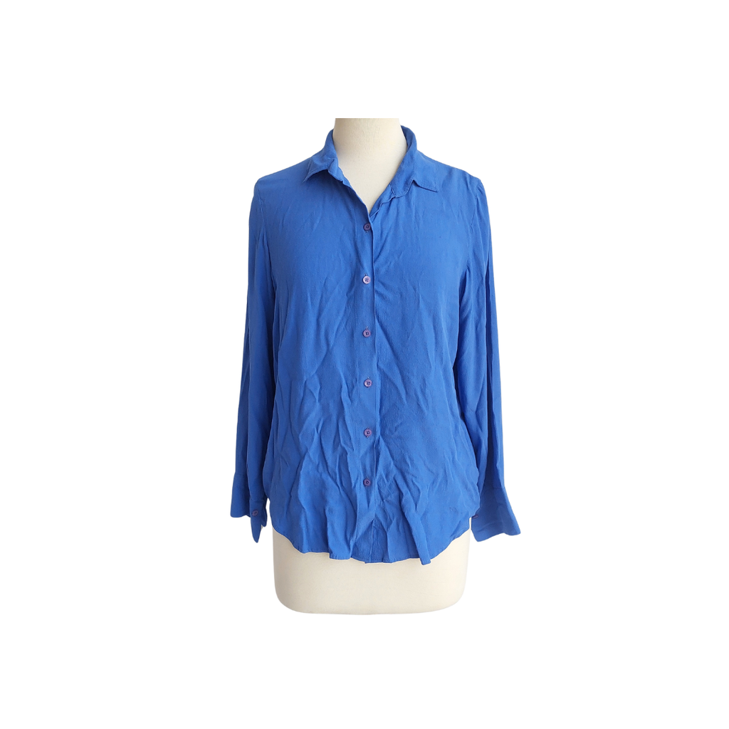 Samar Mehdi Blue Button Down Crepe Silk Top | Gently Used |