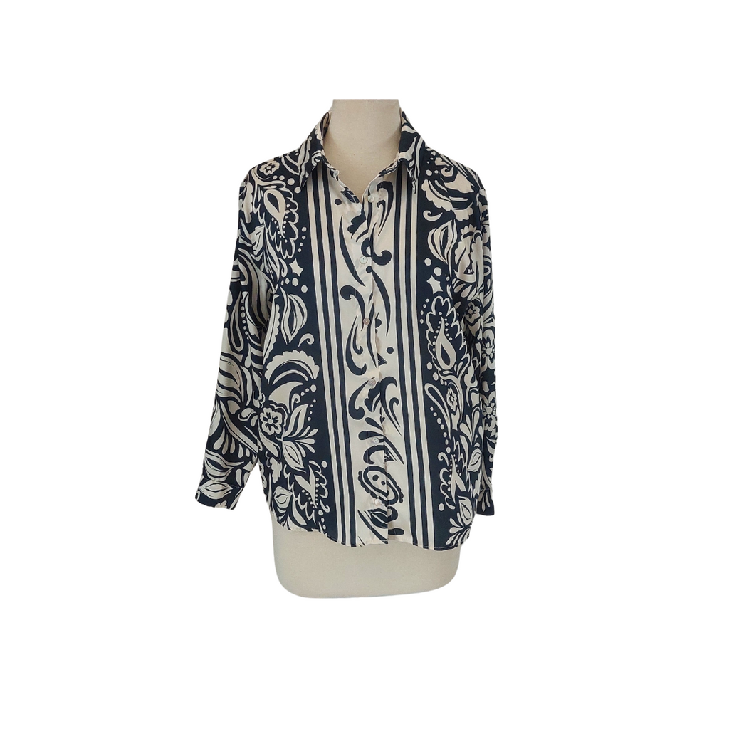 ZARA Cream & Black Printed Satin Collared Button Up Top | Brand New |
