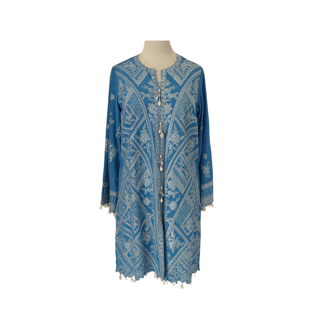 Sana Safinaz Blue & White Pearls & Embroidered Kurta | Gently Used |