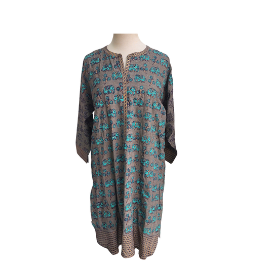 Blocked Grey And Turqouise Elephant Print Kurta | Brand New |