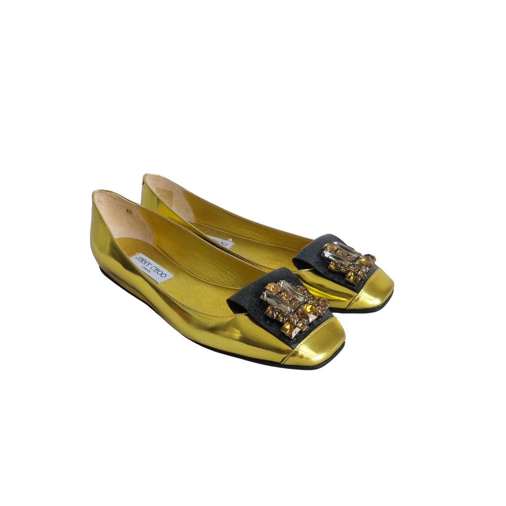 Jimmy Choo Metallic Yellow Leather Embellished Ballet Flats | Gently Used |