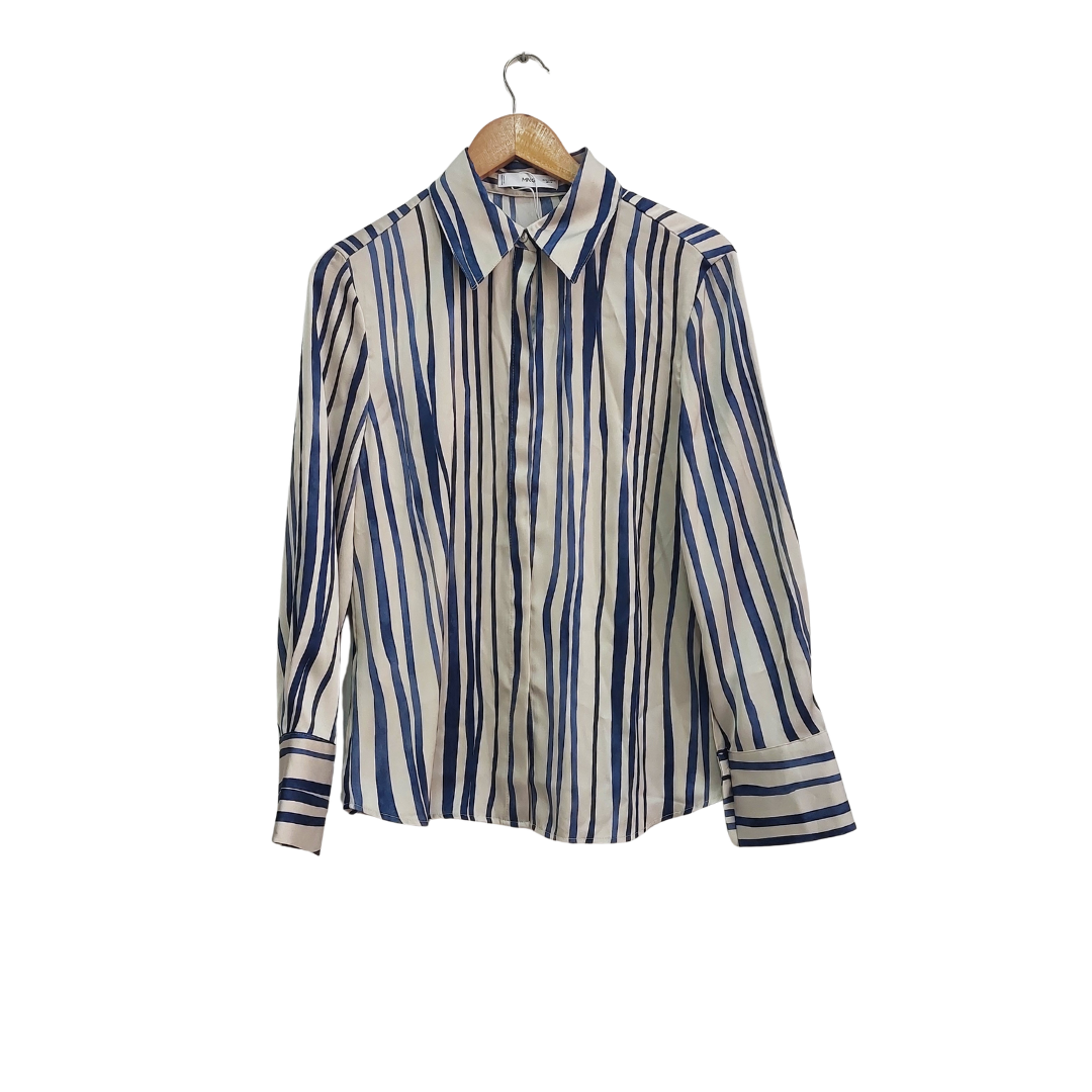Mango Blue & Grey Striped Collared Satin Shirt | Gently Used |