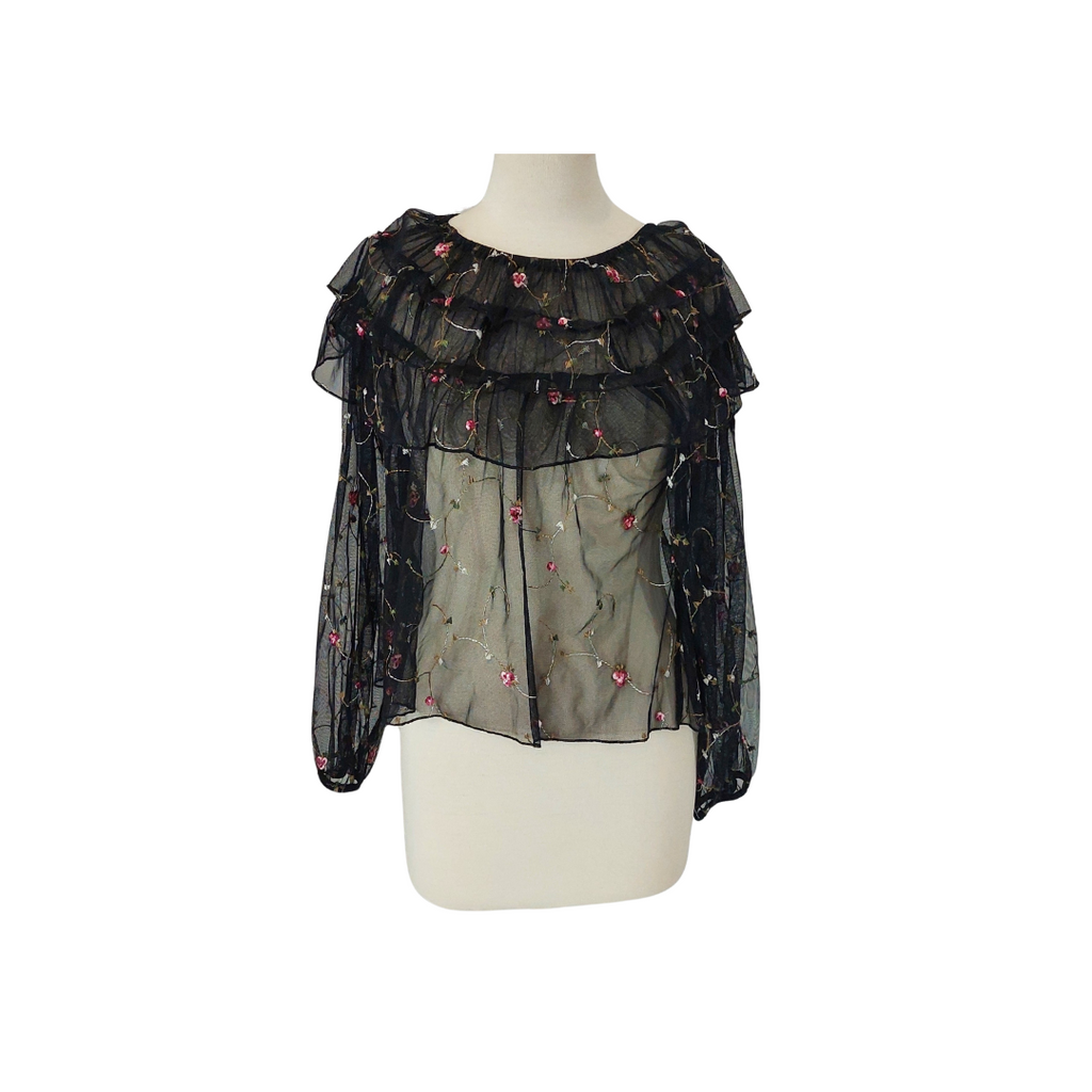 ZARA Black Floral Embroidered Sheer Frill Detail Top | Like New |