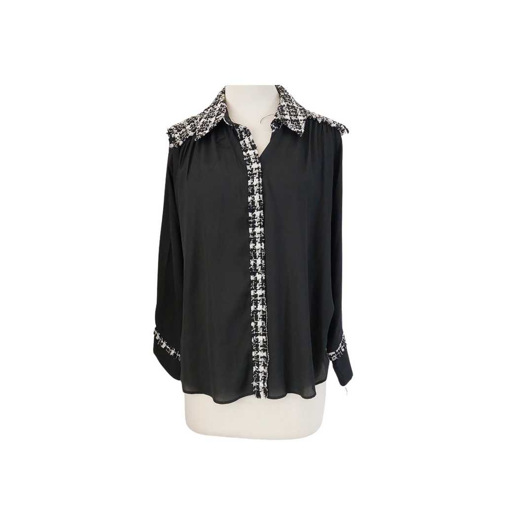 ZARA Black Chiffon & Tweed Collared Shirt | Pre Loved |