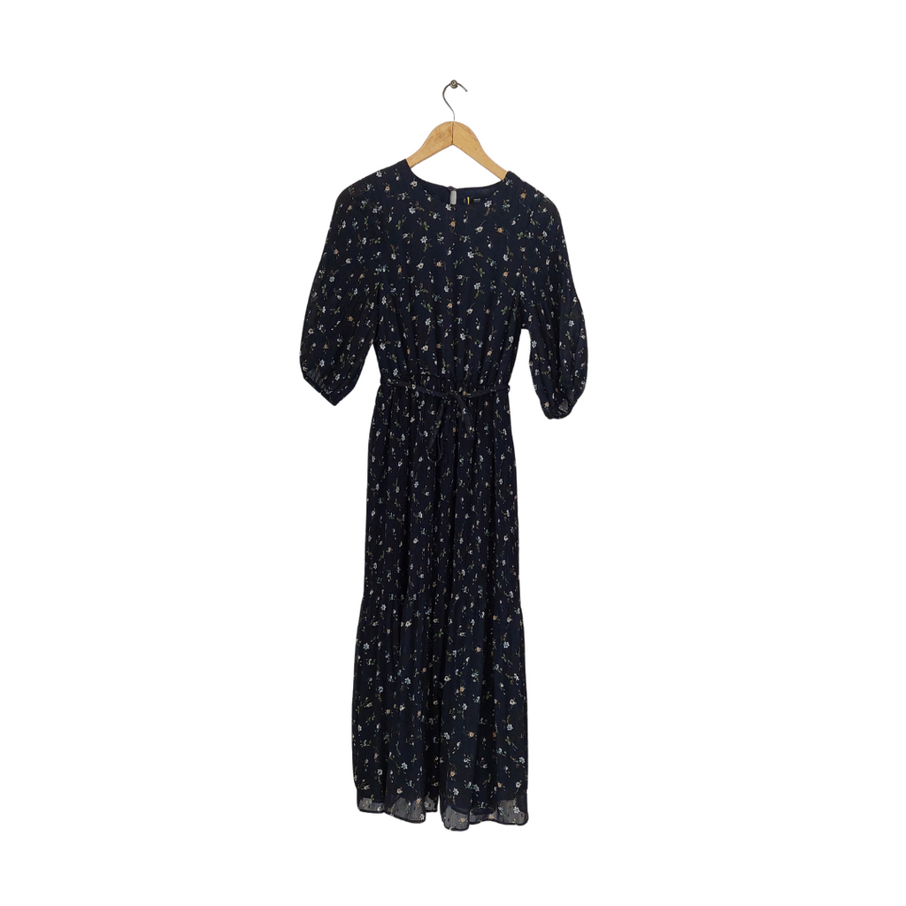 Mango Navy Floral Printed Pleated Dress | Like New |