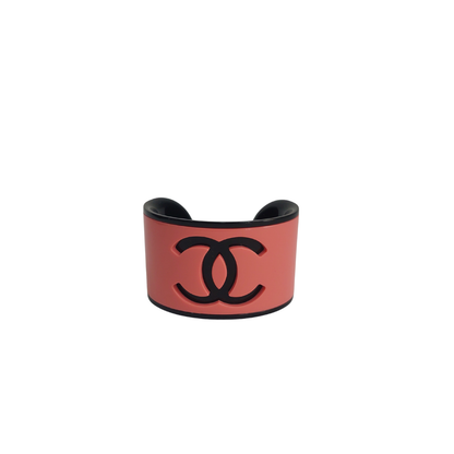 Chanel Coral Pink and Black Resin CC Logo Cuff Bracelet | Like New |