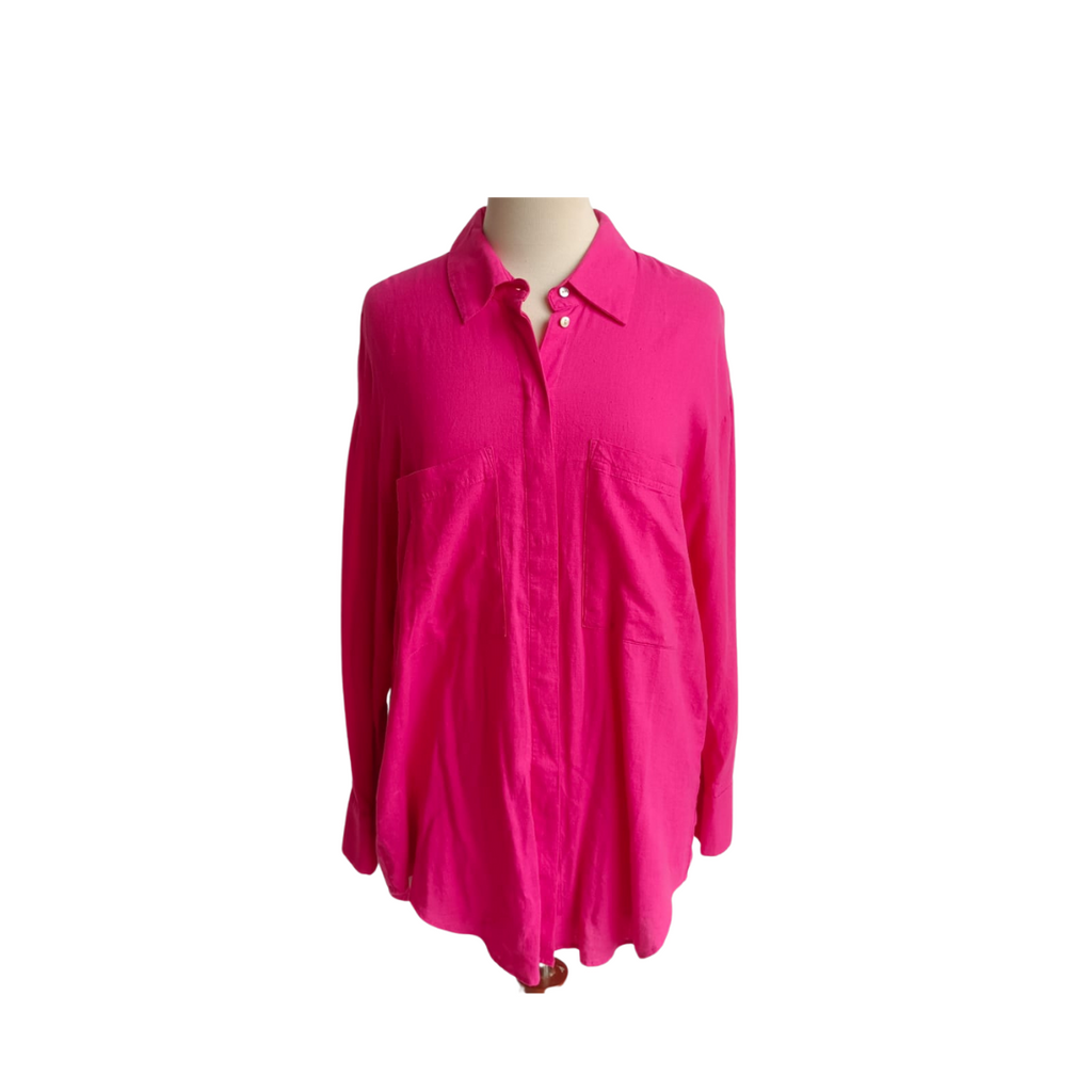 Mango Hot Pink Linen Mix Button Down Collared Shirt | Gently Used |