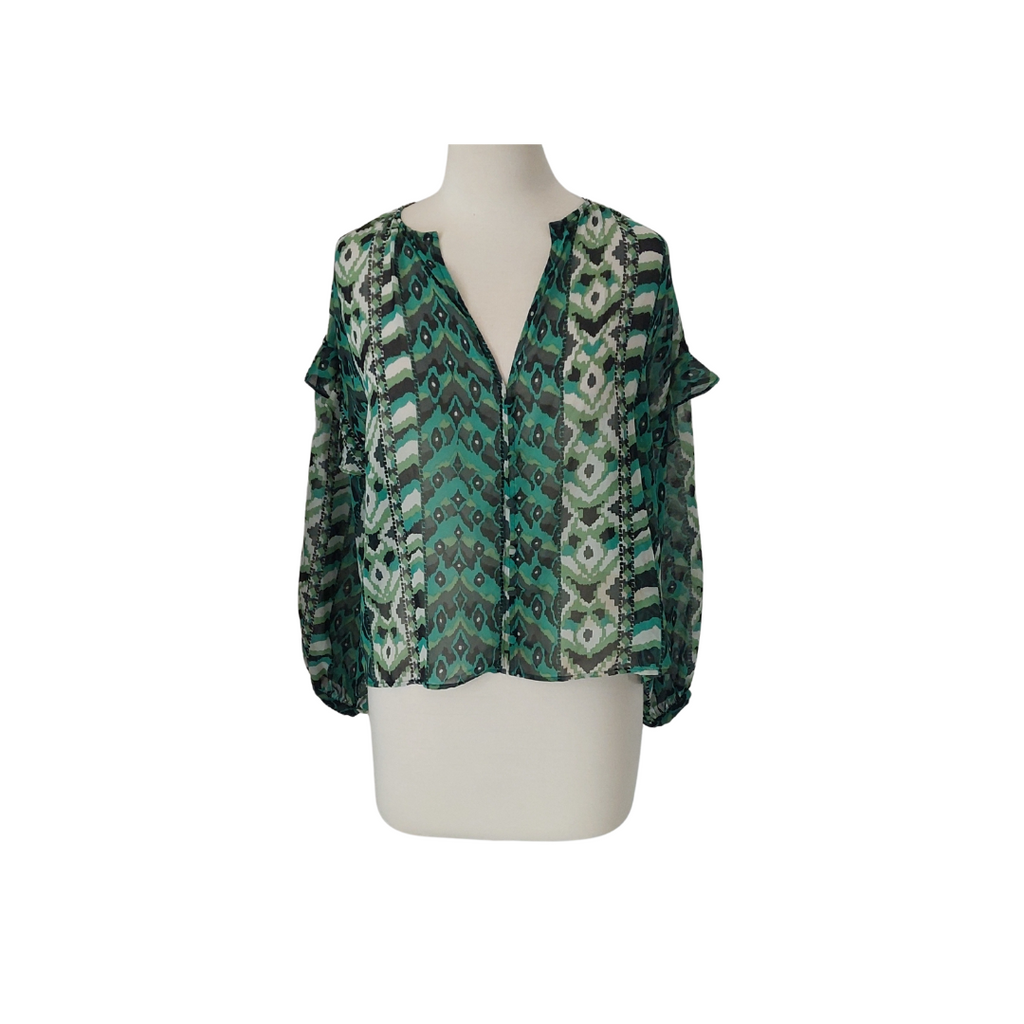 ZARA Green & Black Printed Sheer Frill Blouse | Pre Loved |