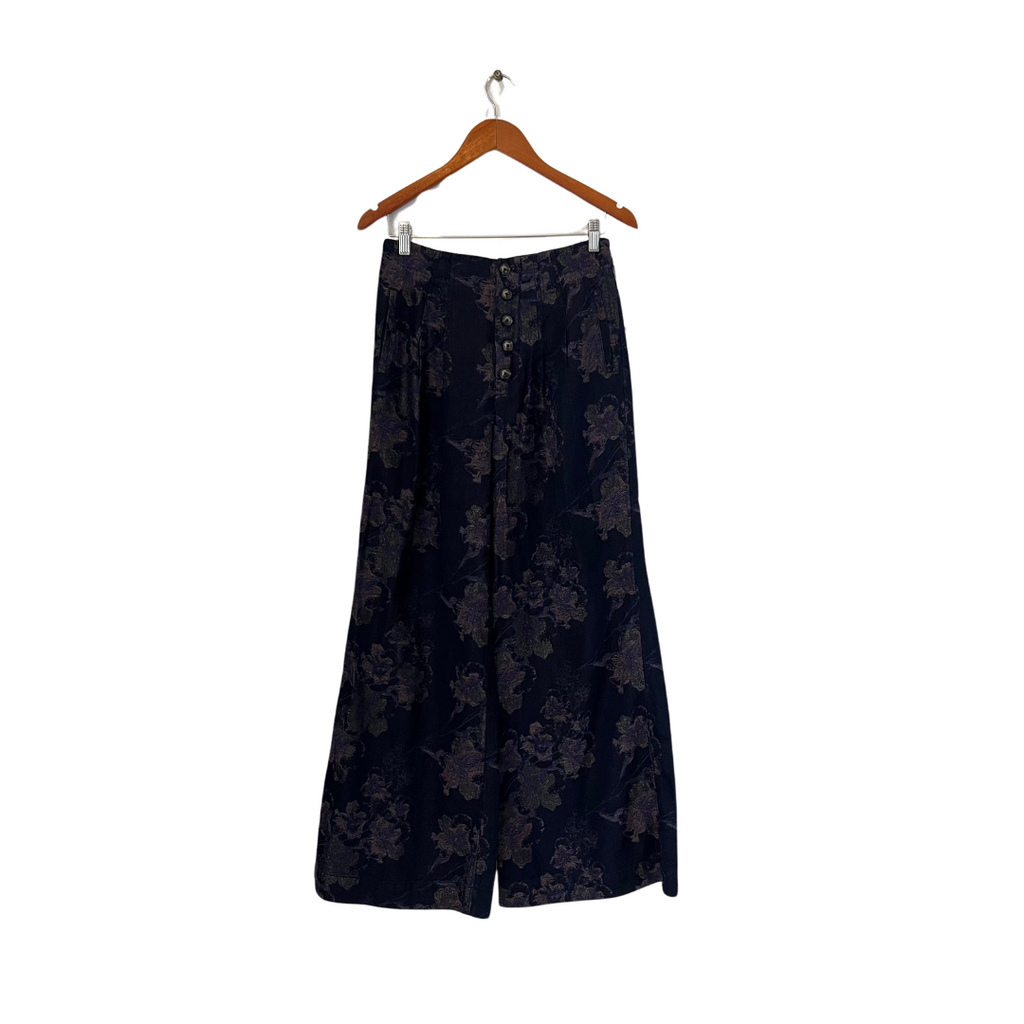 Pilcro and the Letterpress By Anthroplogie Navy Metallic Floral Wide-leg Pants | Like New |