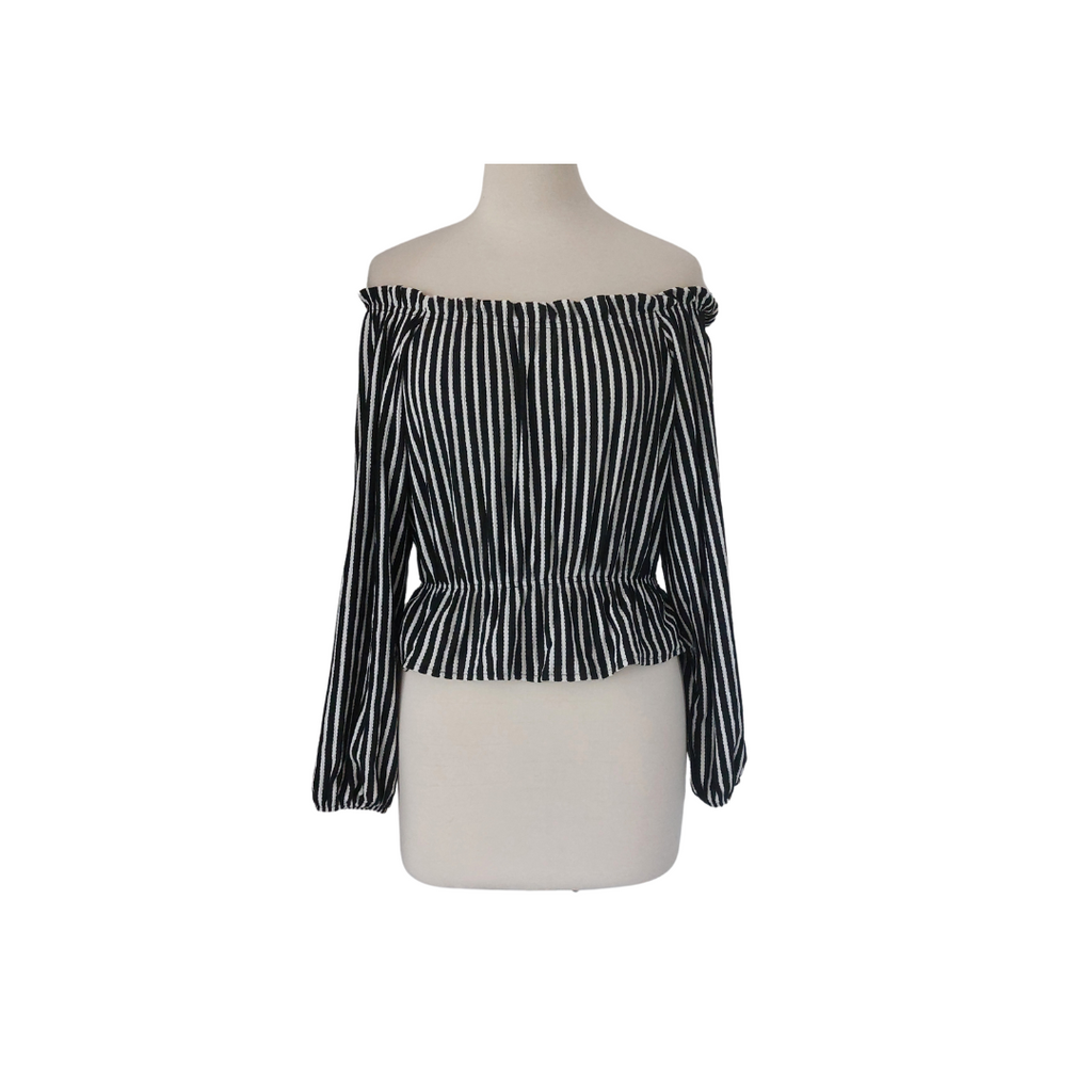 H&M Black & White Striped Off-shoulder Crop Top | Pre Loved |