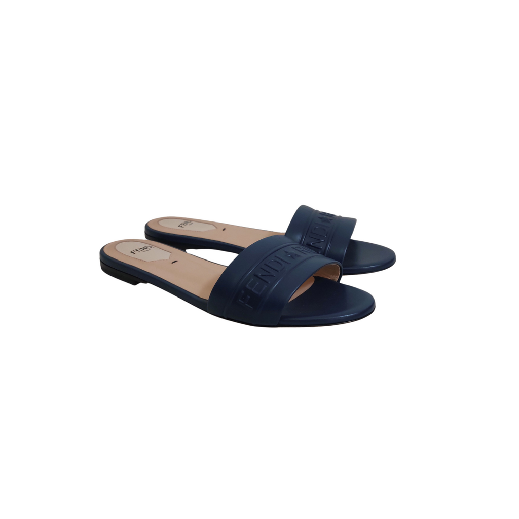 Fendi Roma Blue Leather Flat Slide Sandals | Like New |