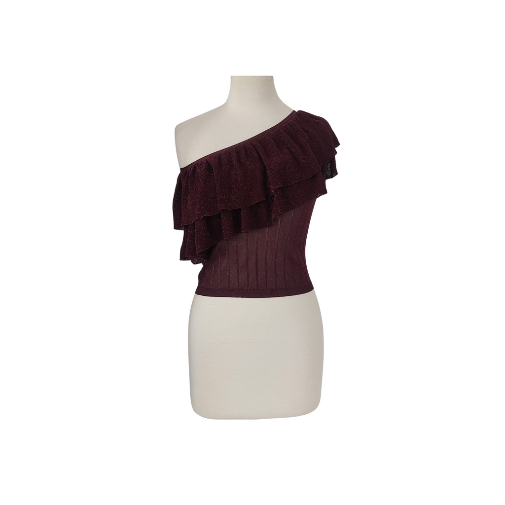 Mango Burgundy One-Shoulder Frill Detail Top | Gently Used |