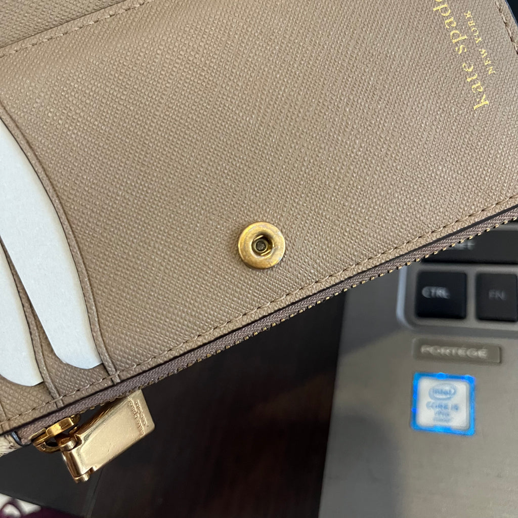 Kate Spade Beige Flower Mongoram Coated Canvas Bifold Slim Wallet | Like New |