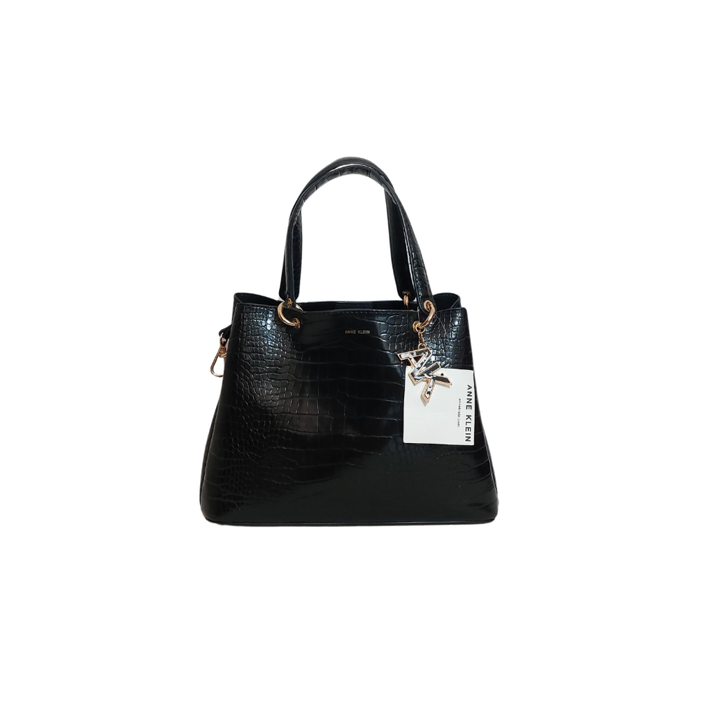 Anne Klein Black Croc Textured Leatherette Satchel | Brand New |