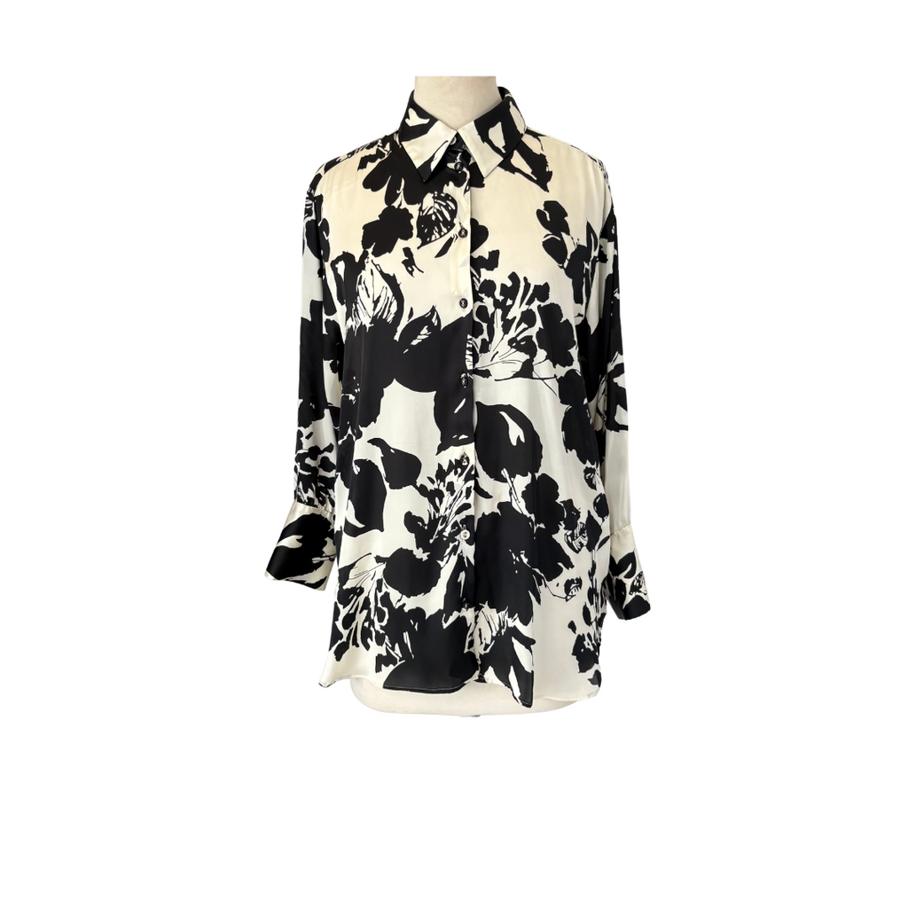 ZARA Black & White Floral Printed Satin Collared Button Down Shirt | Pre Loved |