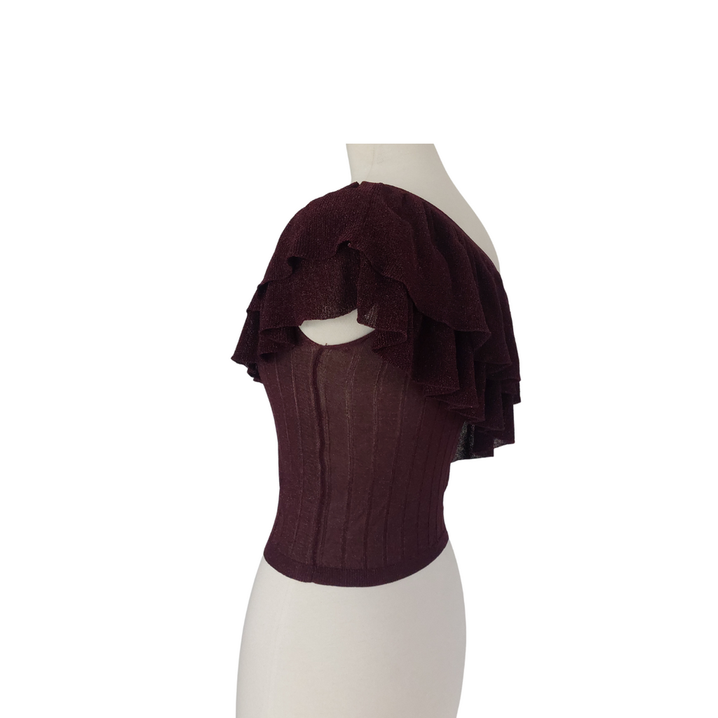 Mango Burgundy One-Shoulder Frill Detail Top | Gently Used |