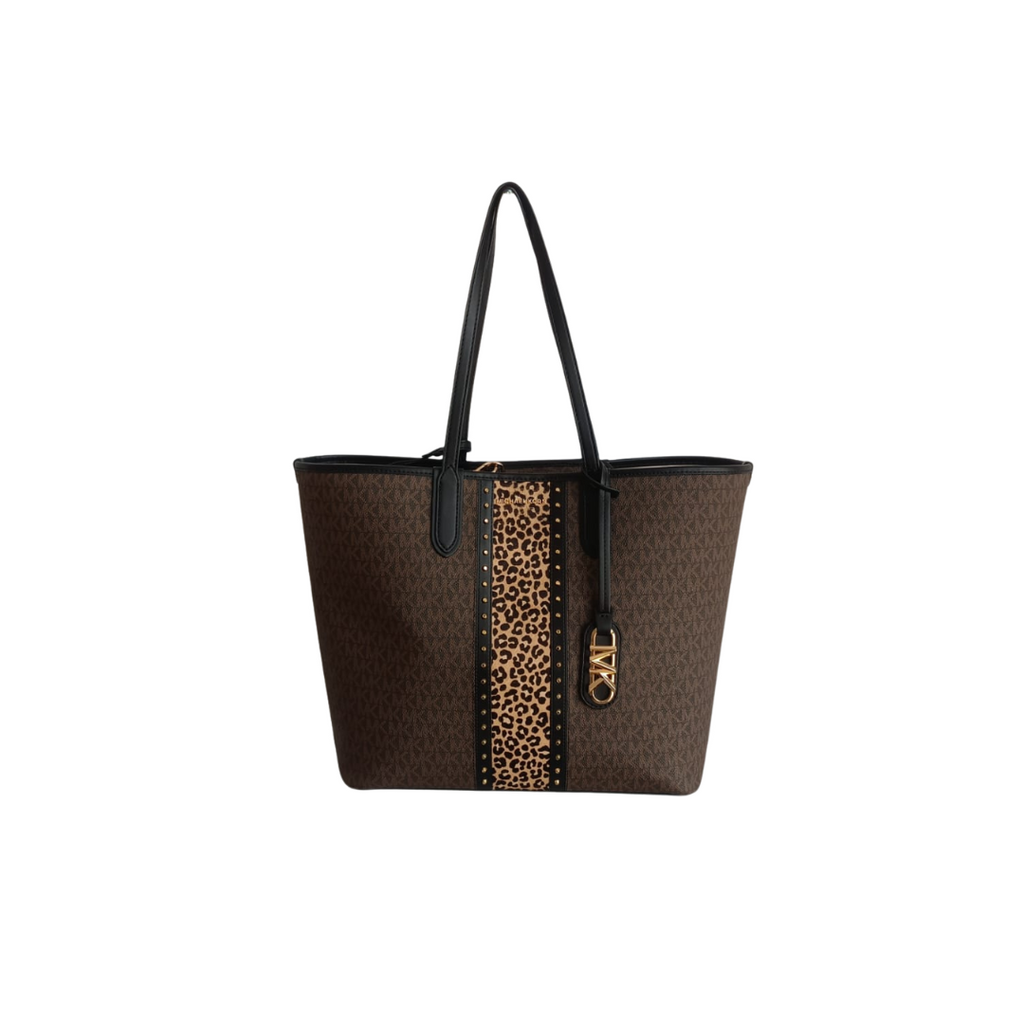Michael Kors Brown Eliza Leather Large Studded Mixed-Media Tote Bag | Gently Used |
