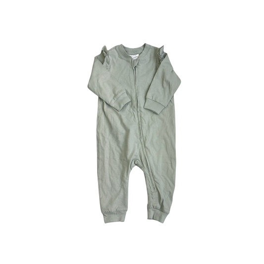 H&M Sage Green Full-Zip Long-Sleeve Romper (4-6 Months) | Brand New |