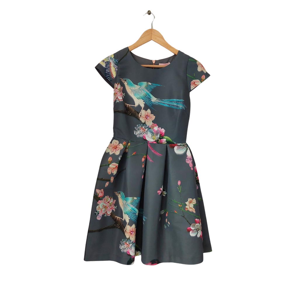 Ted Baker Grey Printed Satin Cap-sleeves Dress | Brand New |