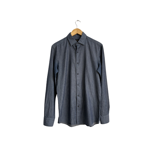 Massimo Dutti Mens Blue And White Micro-Check Collared Shirt | Pre Loved |