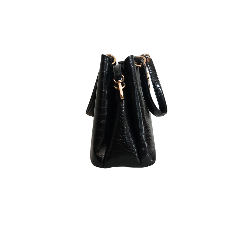 Anne Klein Black Croc Textured Leatherette Satchel | Brand New |