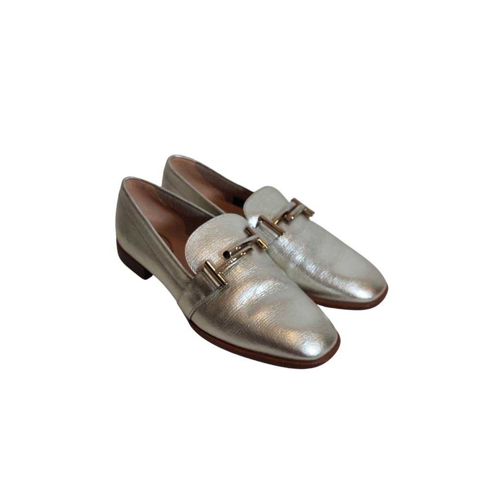 Tod's Metallic Silver Leather Double T Loafers | Gently Used |