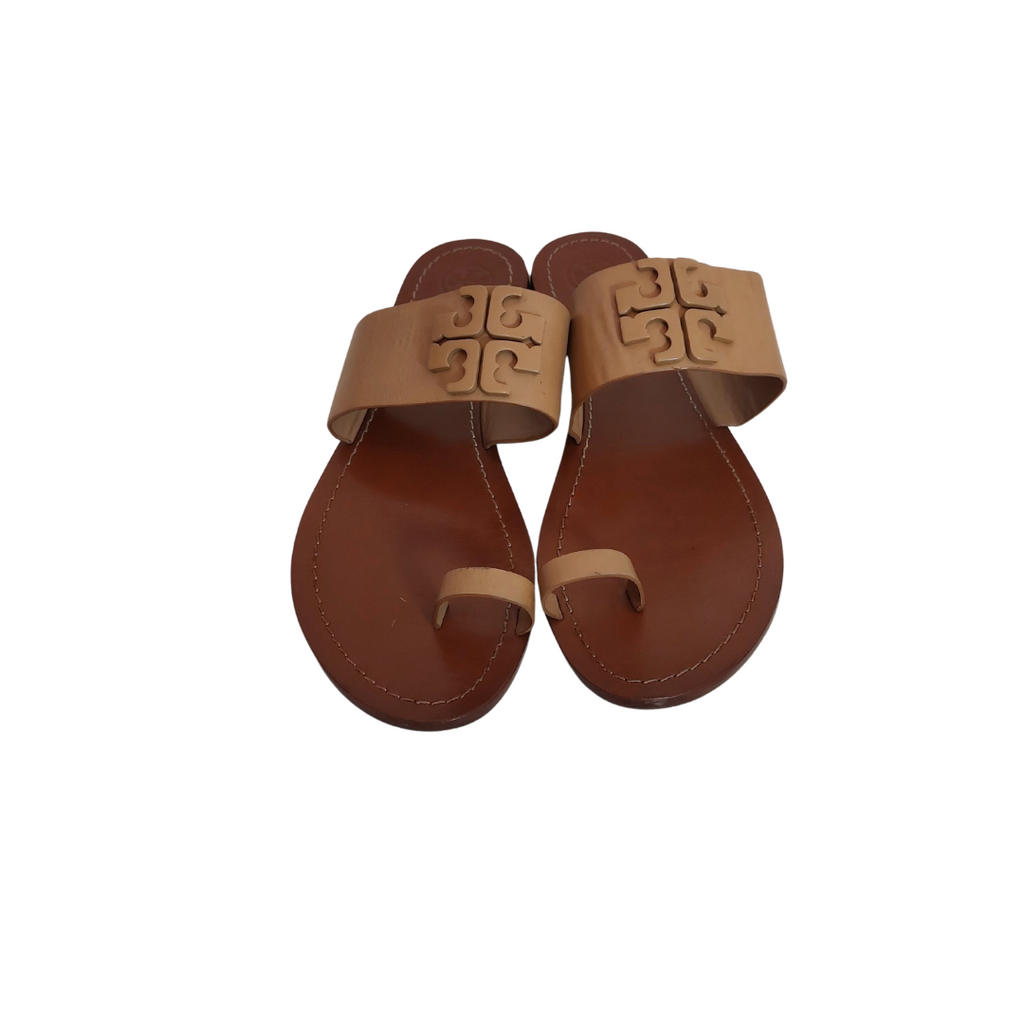 Tory Burch Beige Leather 'Lowell 2' Flat Slide Sandals | Pre Loved |