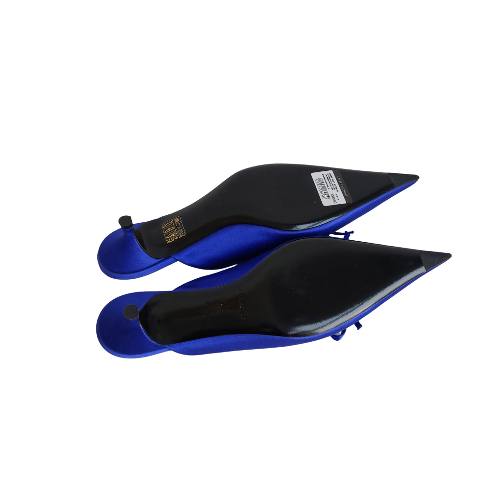 Balenciaga Royal Blue Satin Bow Knife Heel Mules | Brand New |