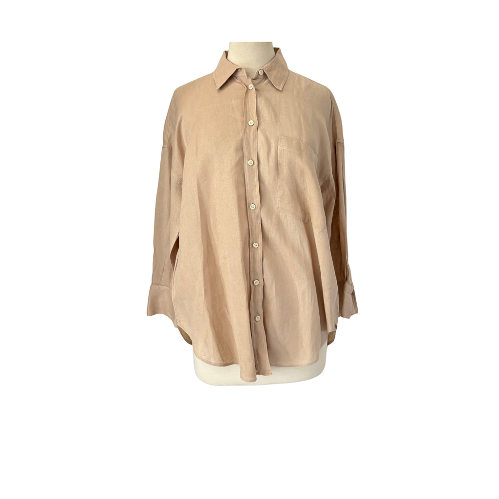 ZARA Beige 100% Linen Collared Button Down Shirt | Gently Used |