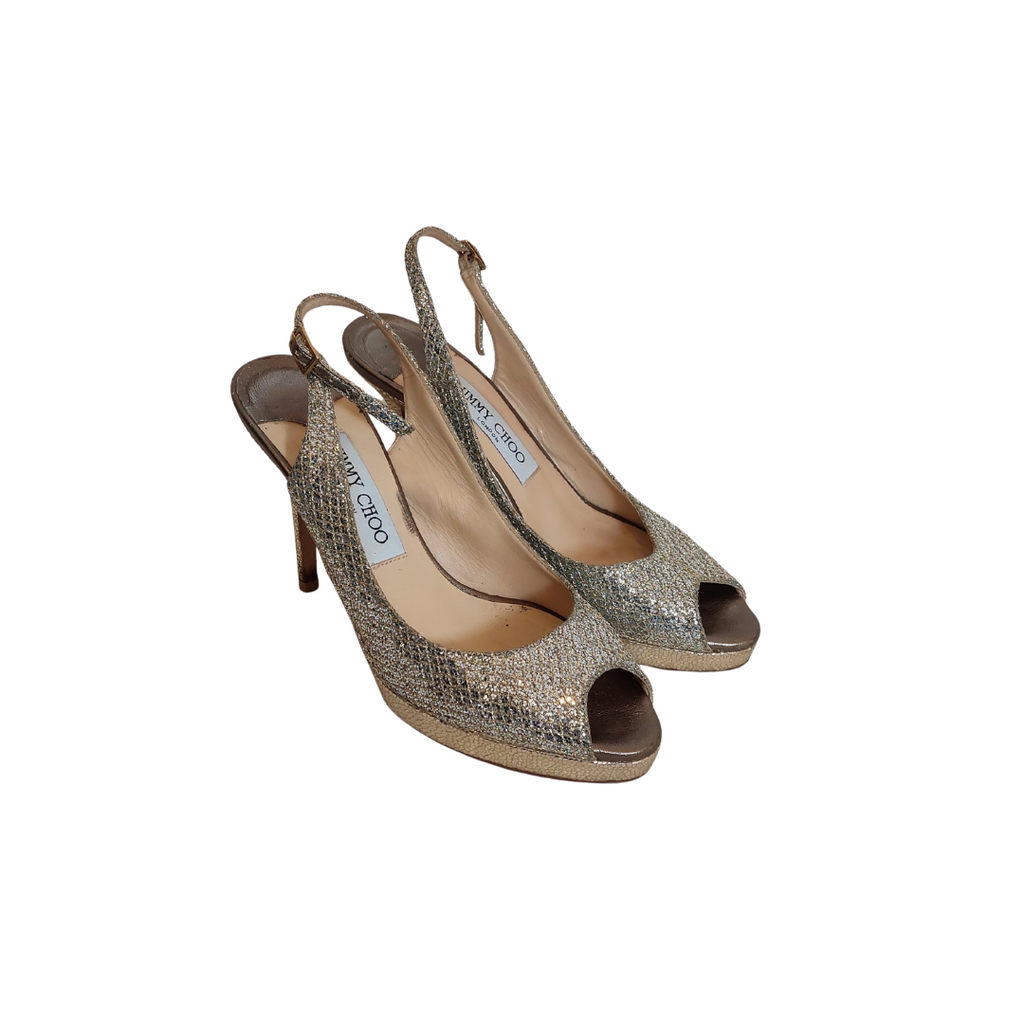 Jimmy Choo Silver & Gold Glitter Mesh Fabric Peep Toe Heels | Pre Loved |