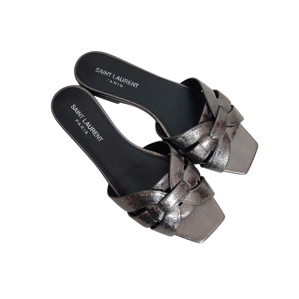 Saint Laurent Silver Metallic Leather Tribute Slide Sandals | Pre Loved |