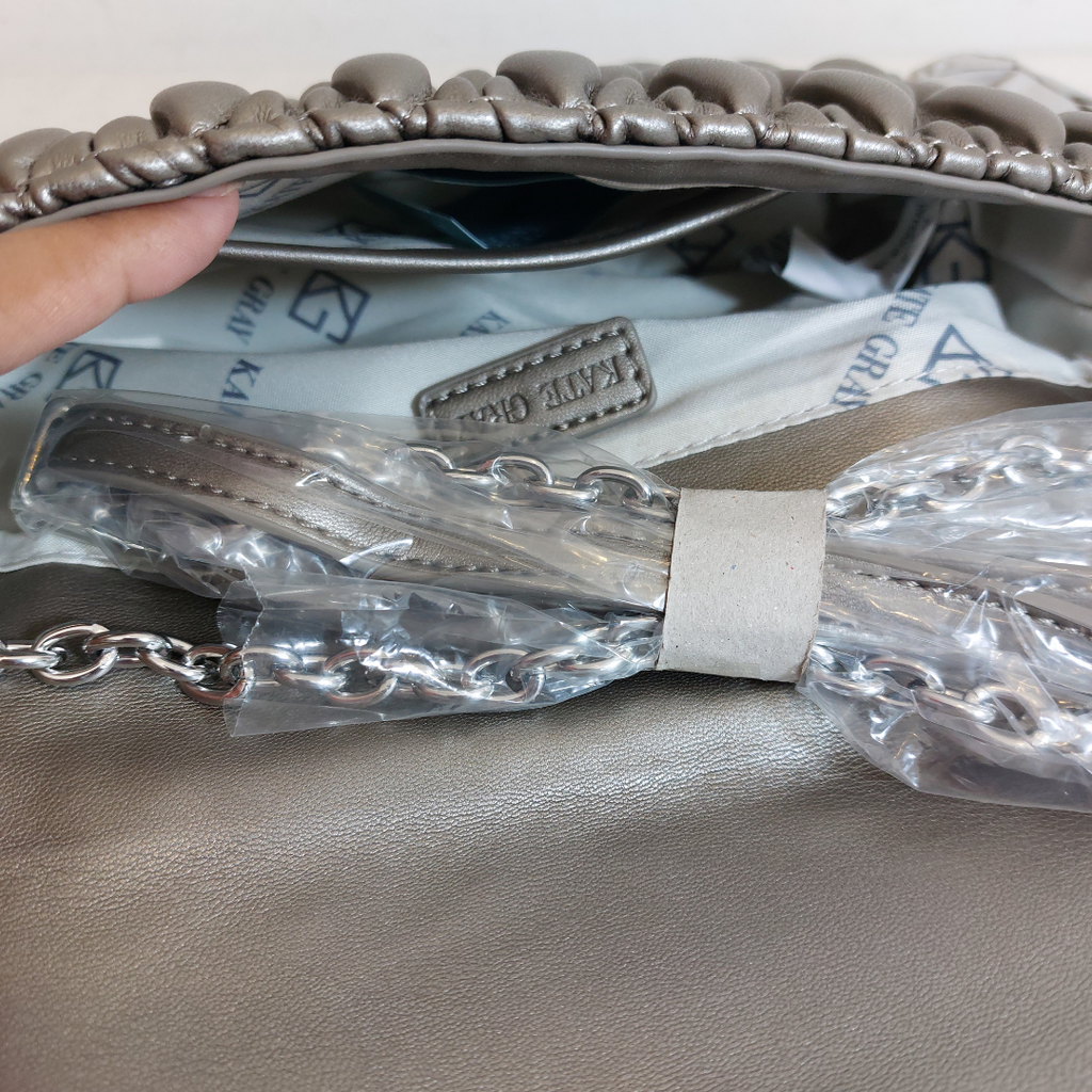 Kate Gray Silver Metallic Quilted Leatherette Crossbody Bag | Brand New |