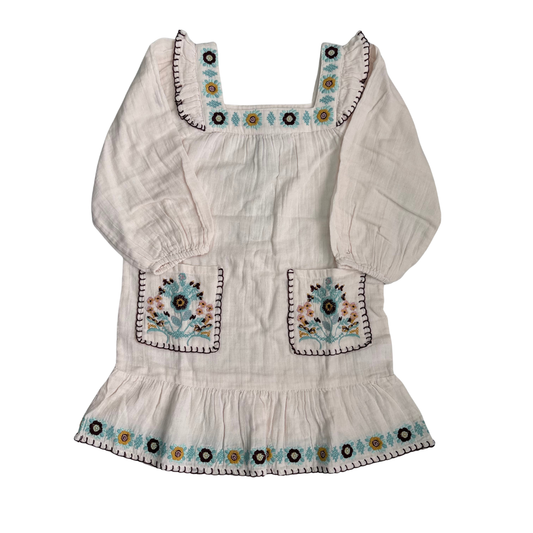 Raffya Cream Lisa Square Neck Embroidered Dress (6 Yrs) | Brand New |