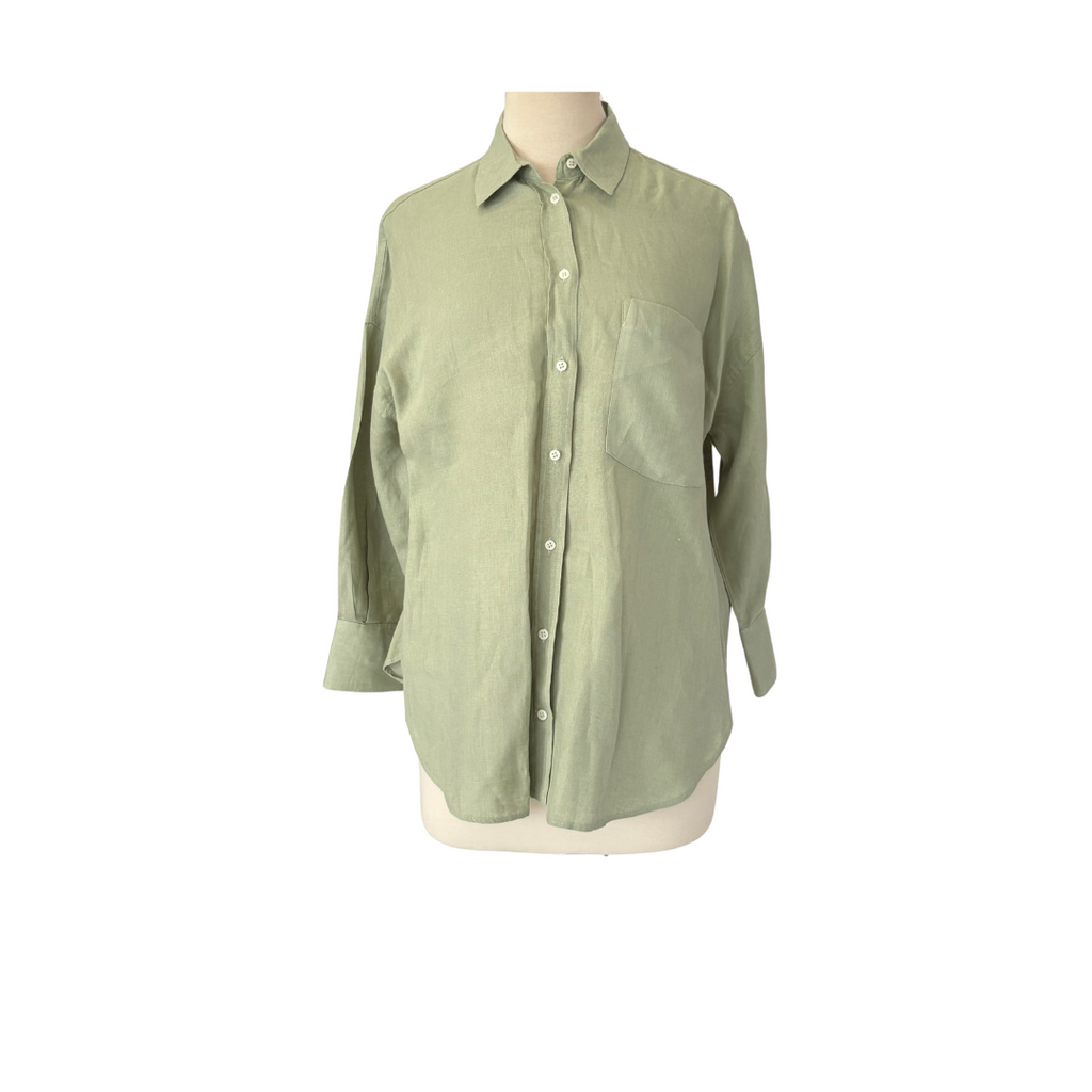 ZARA Sage Green 100% Linen Collared Button Down Shirt | Gently Used |