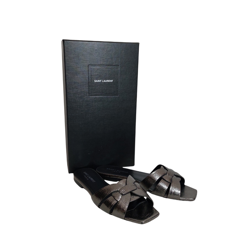 Saint Laurent Silver Metallic Leather Tribute Slide Sandals | Pre Loved |