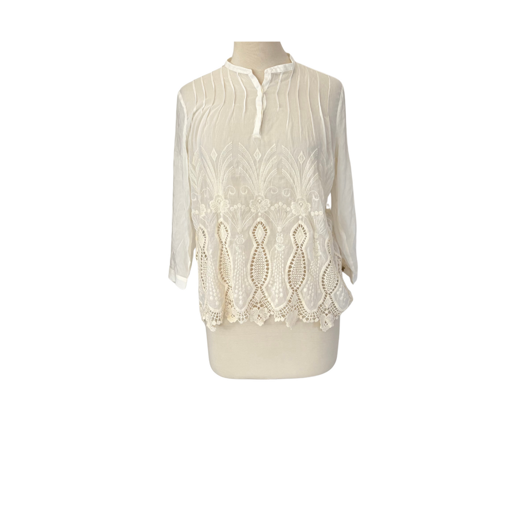 Massimo Dutti Off White Sheer Embroidered Blouse | Brand New |