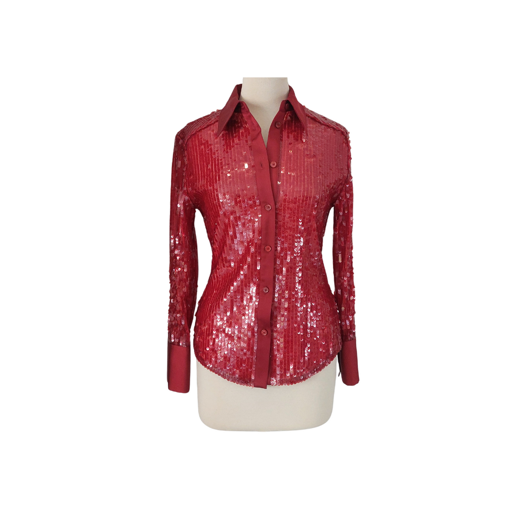 ZARA Red Sequin Satin Collared Shirt | Brand New |