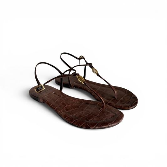 Tory Burch Dark Brown Croc-Embossed Leather Emmy T-Strap Flat Sandals | Pre Loved |